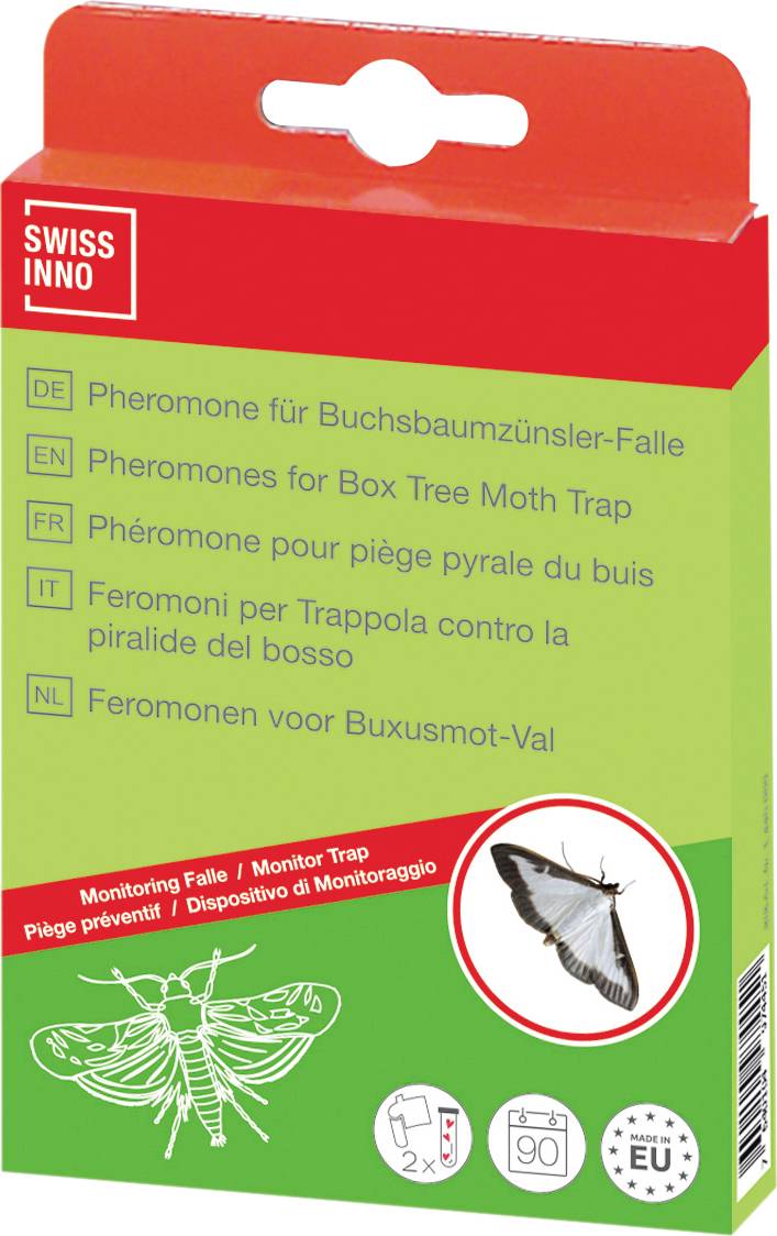Un piège à phéromones contre les pyrales du buis, étiqueté en plusieurs langues, avec une image de papillon et un schéma de piège.