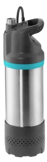 Pompe argentée avec poignée noire et bande bleue au centre, adaptée pour le transfert de liquides, avec câble réseau noir en haut.