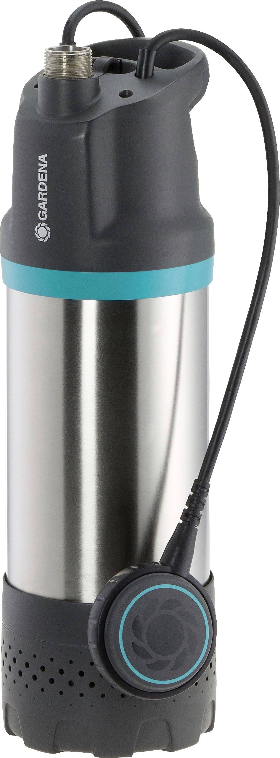 Pompe de plongée argentée au design noir et turquoise, adaptée à l'approvisionnement en eau pour la maison et le jardin.