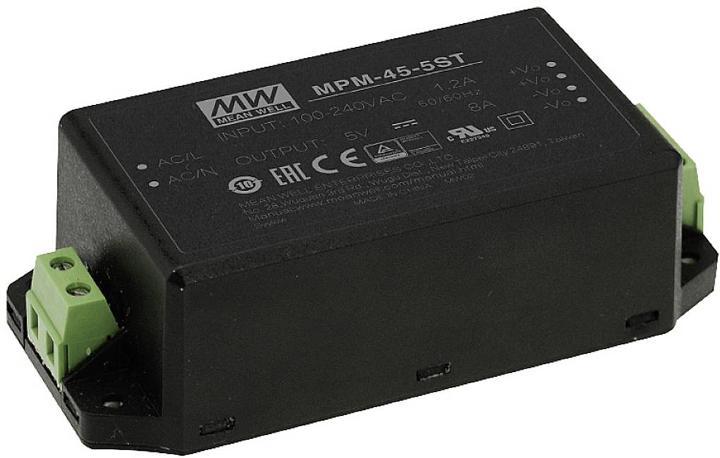 Bloc d'alimentation noir avec des connecteurs verts, modèle 'MPM-45-5ST' de Mean Well, montrant les entrées de tension et les descriptions de sortie.