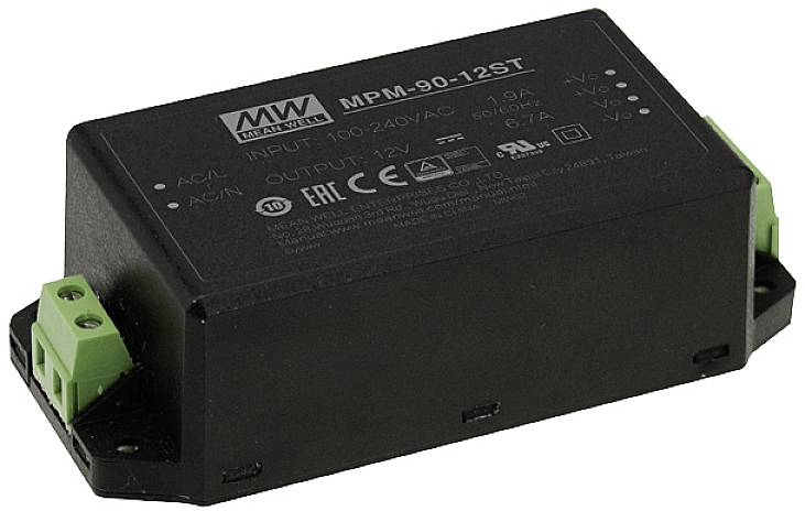 'Bloc d'alimentation noir avec l'inscription MPM-90-12ST, plage d'entrée 100-240V CA, sortie 12V. Logos de marque et certifications visibles.'