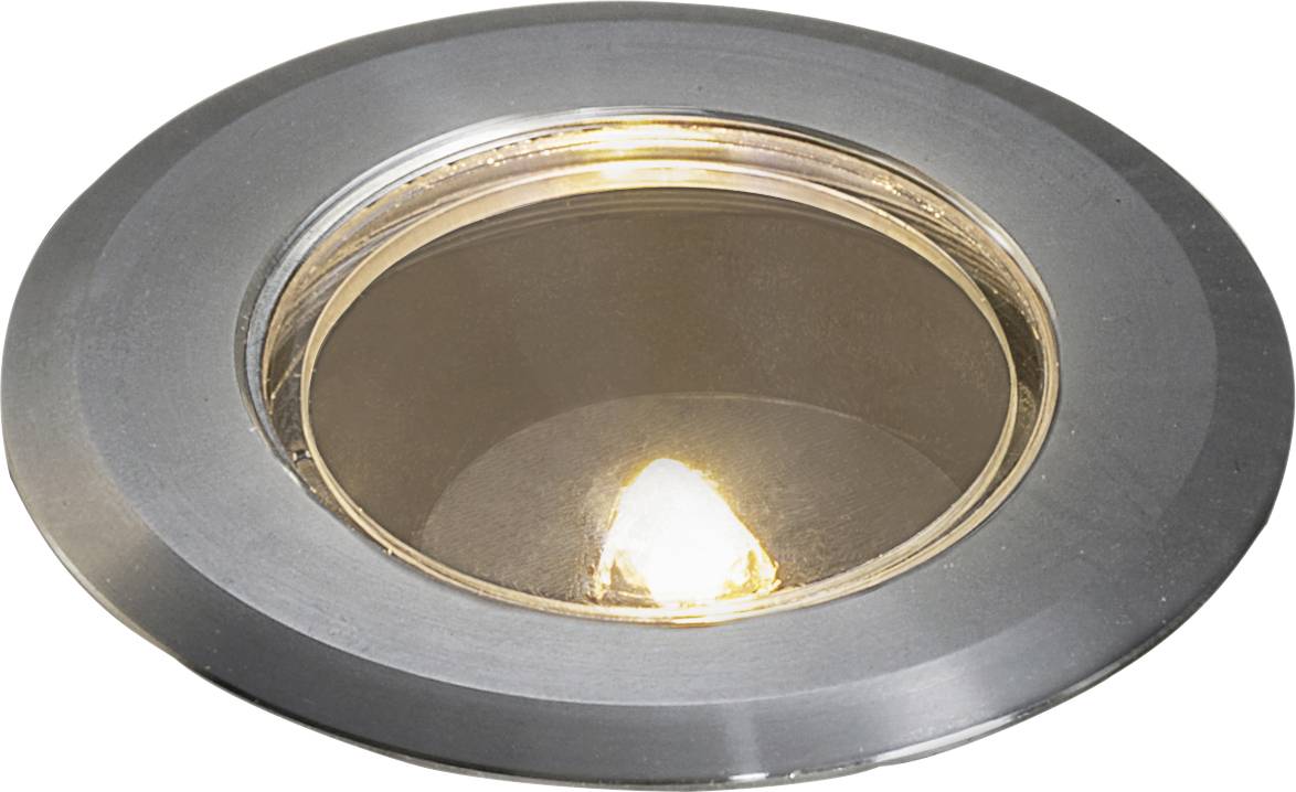 Luminaire encastré avec cadre en acier inoxydable rond et éclairage LED central, diffusant vers le bas, adapté à l'éclairage intérieur moderne.