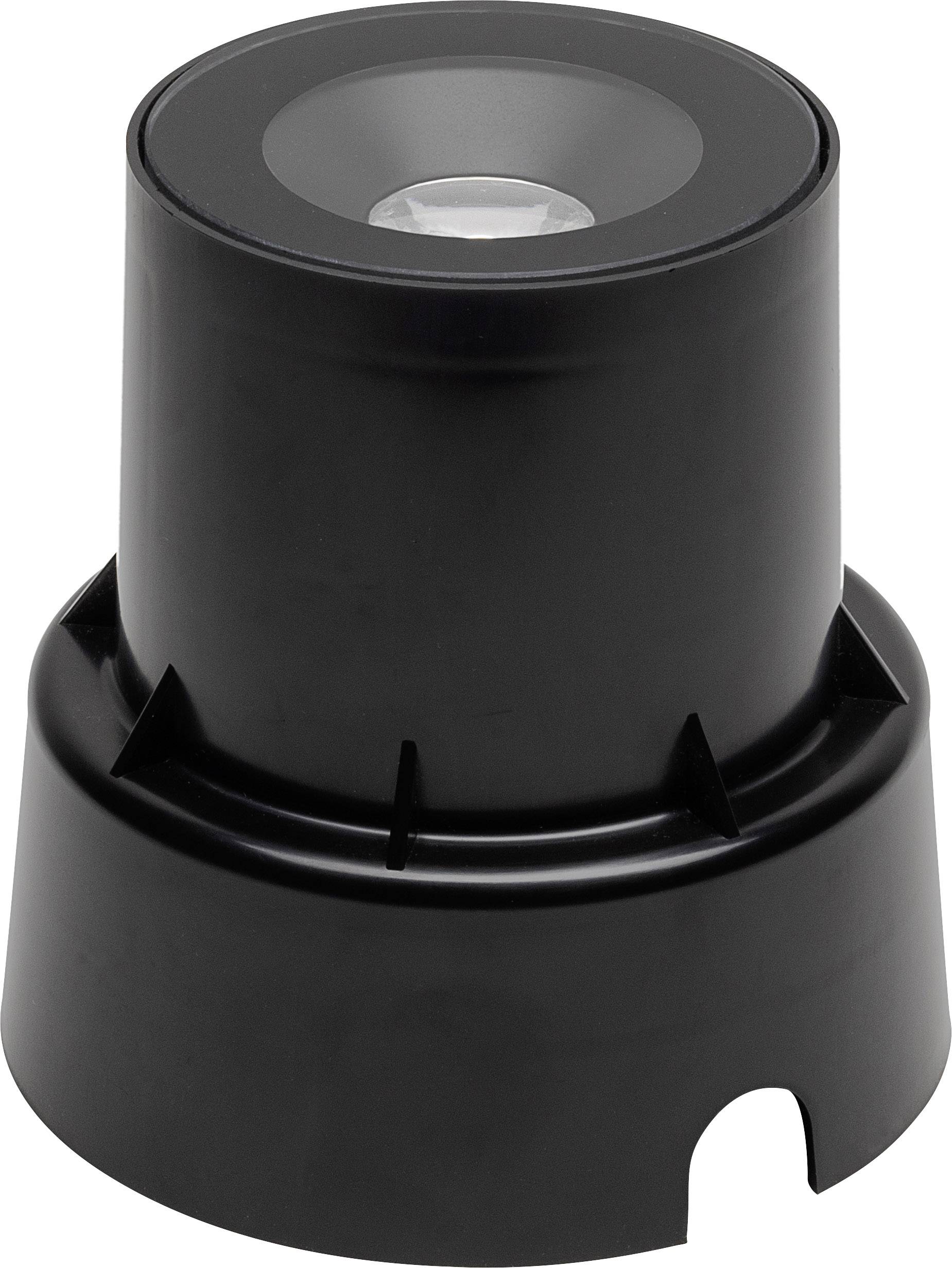 Conteneur en plastique noir de forme conique arrondie, avec une lentille translucide au centre de la partie supérieure.