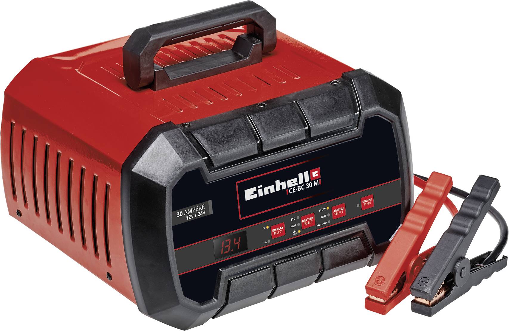 Chargeur rouge avec affichage numérique et pinces, marque Einhell. Affiche 13,4 volts. Adapté aux batteries 12V jusqu'à 30 ampères.