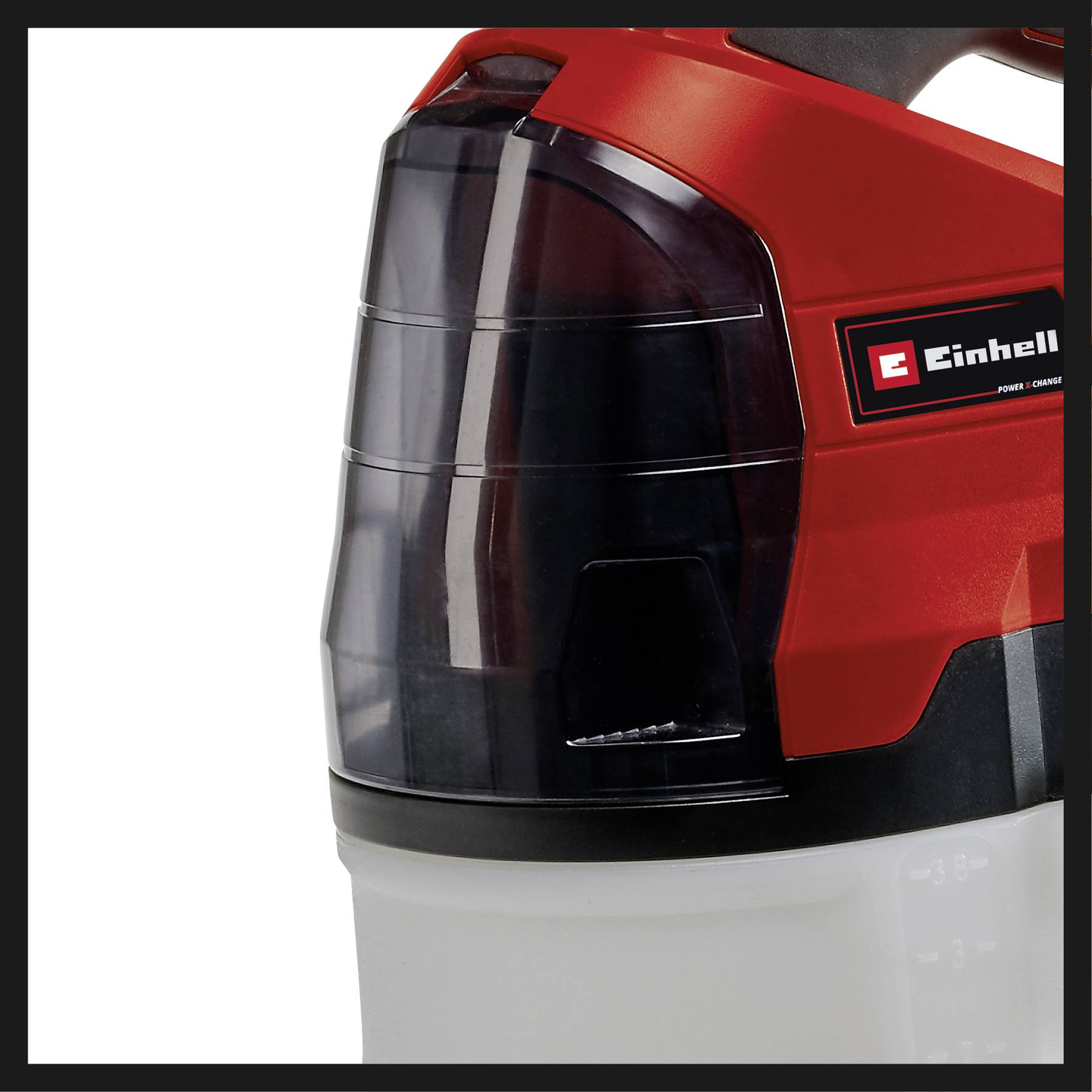 Aspirateur de feuilles Einhell avec boîtier rouge et noir, sac de collecte transparent et poignée de transport. Conçu pour les travaux de jardinage.