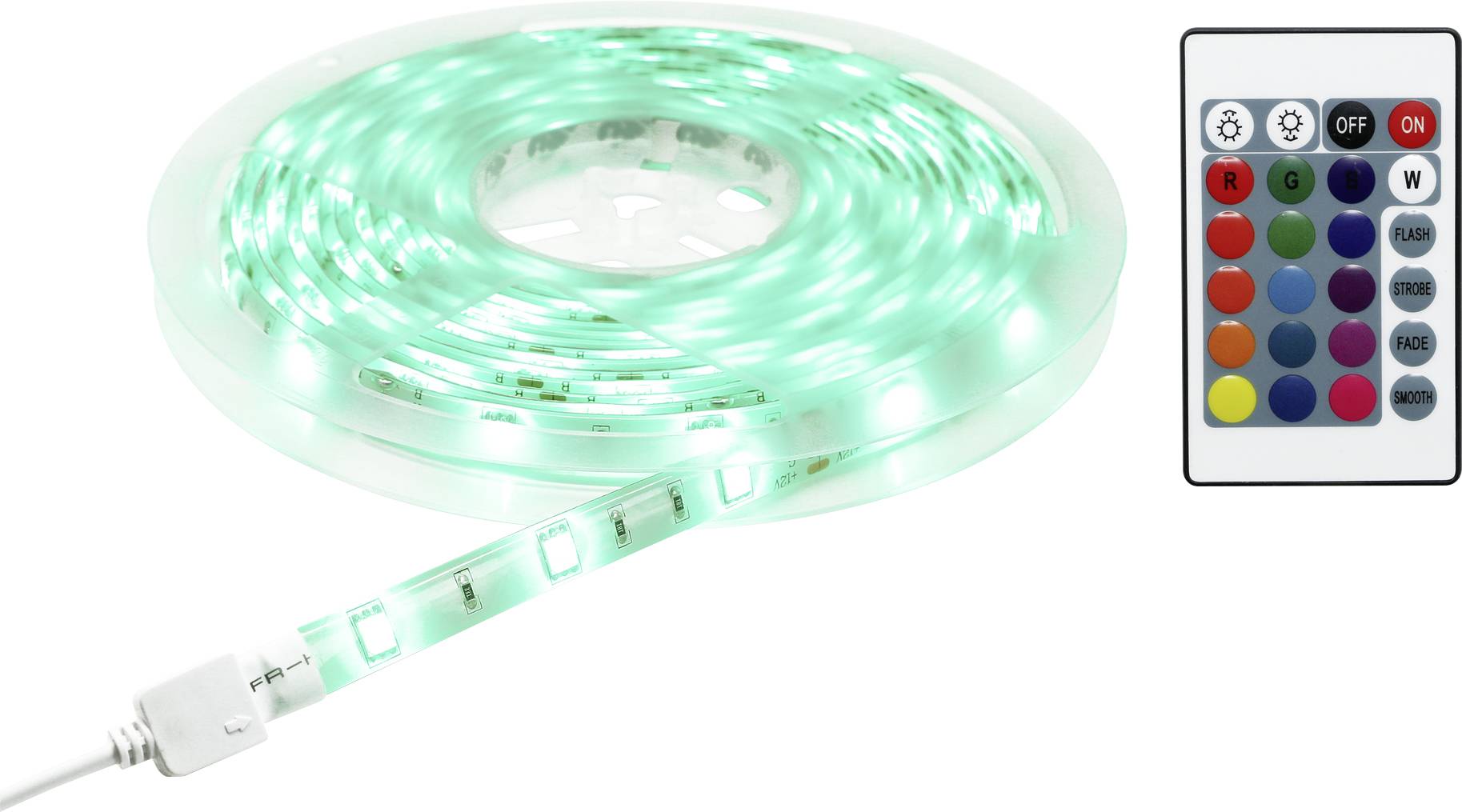 Ruban lumineux LED vert avec télécommande. La télécommande affiche des touches pour les couleurs et les fonctions. Idéal pour un éclairage décoratif.