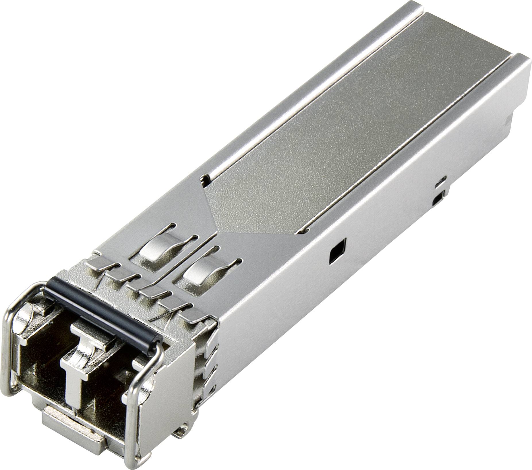 Un module SFP argenté utilisé pour connecter des équipements réseau via des câbles optiques ou cuivre.