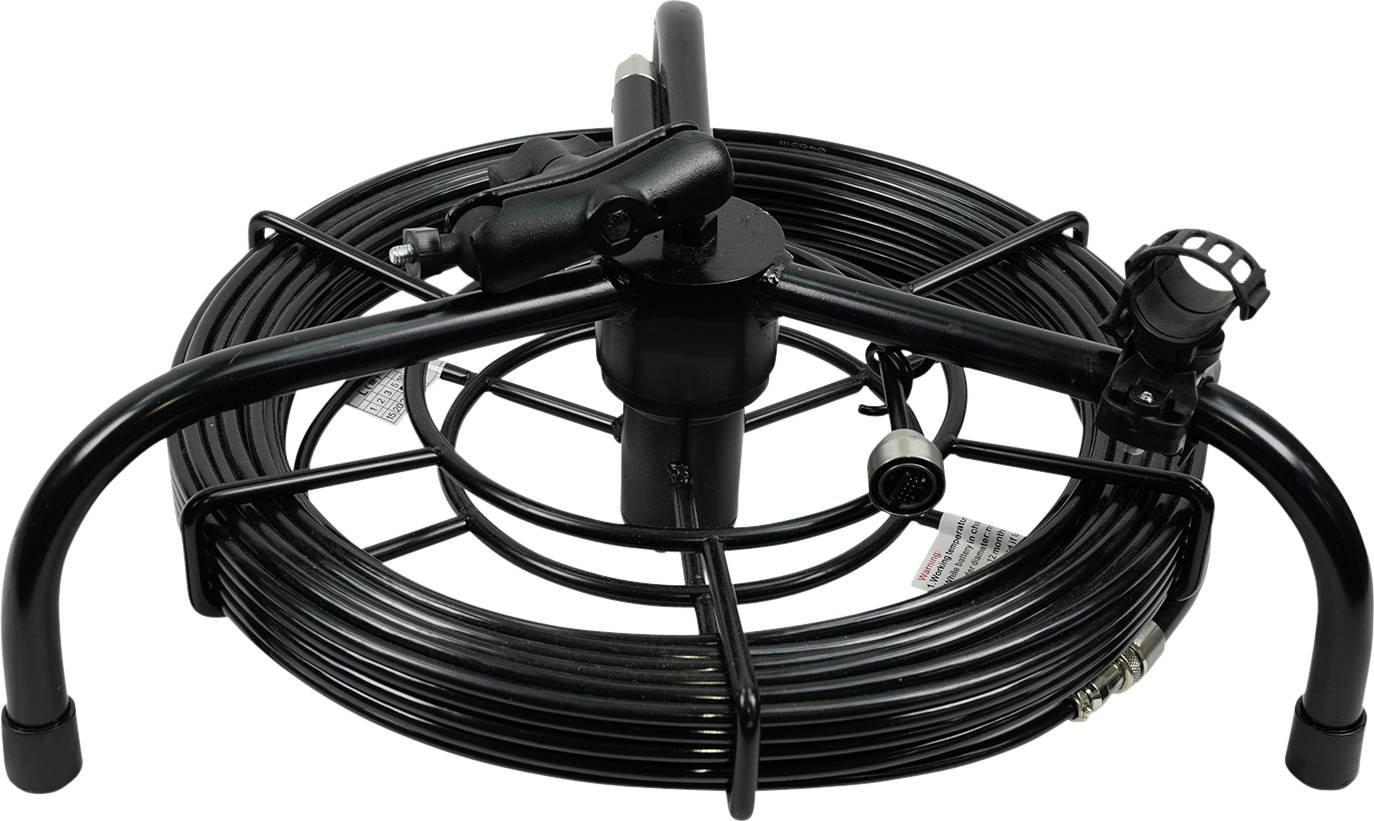 Un enrouleur de tuyau noir avec un long câble, monté sur un support. Conçu pour un enroulement propre et efficace.