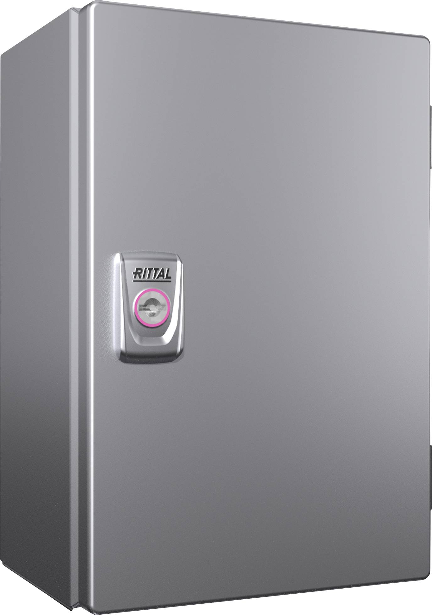Armoire métallique avec porte, portant le logo 'RITTAL'. L'armoire est fermée et présente un design moderne et épuré.