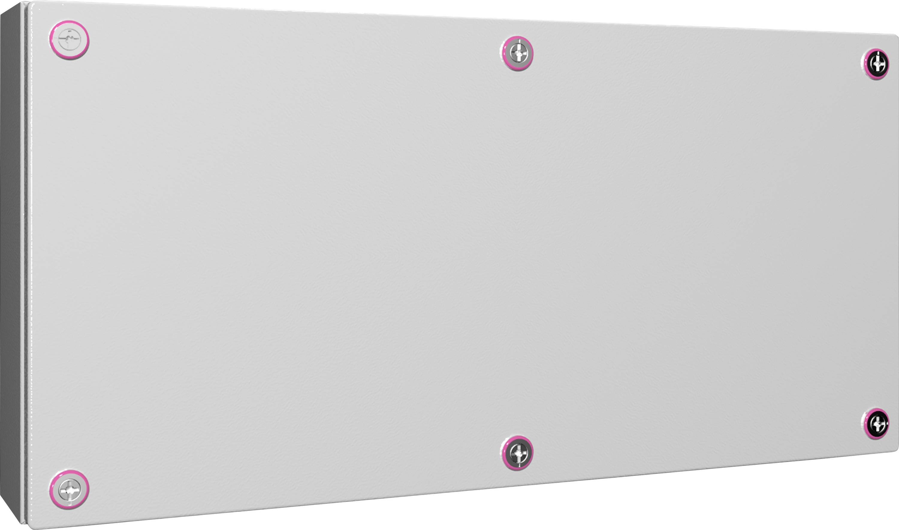 Couvercle rectangulaire gris sur le mur, maintenu par six vis visibles espacées de manière uniforme.