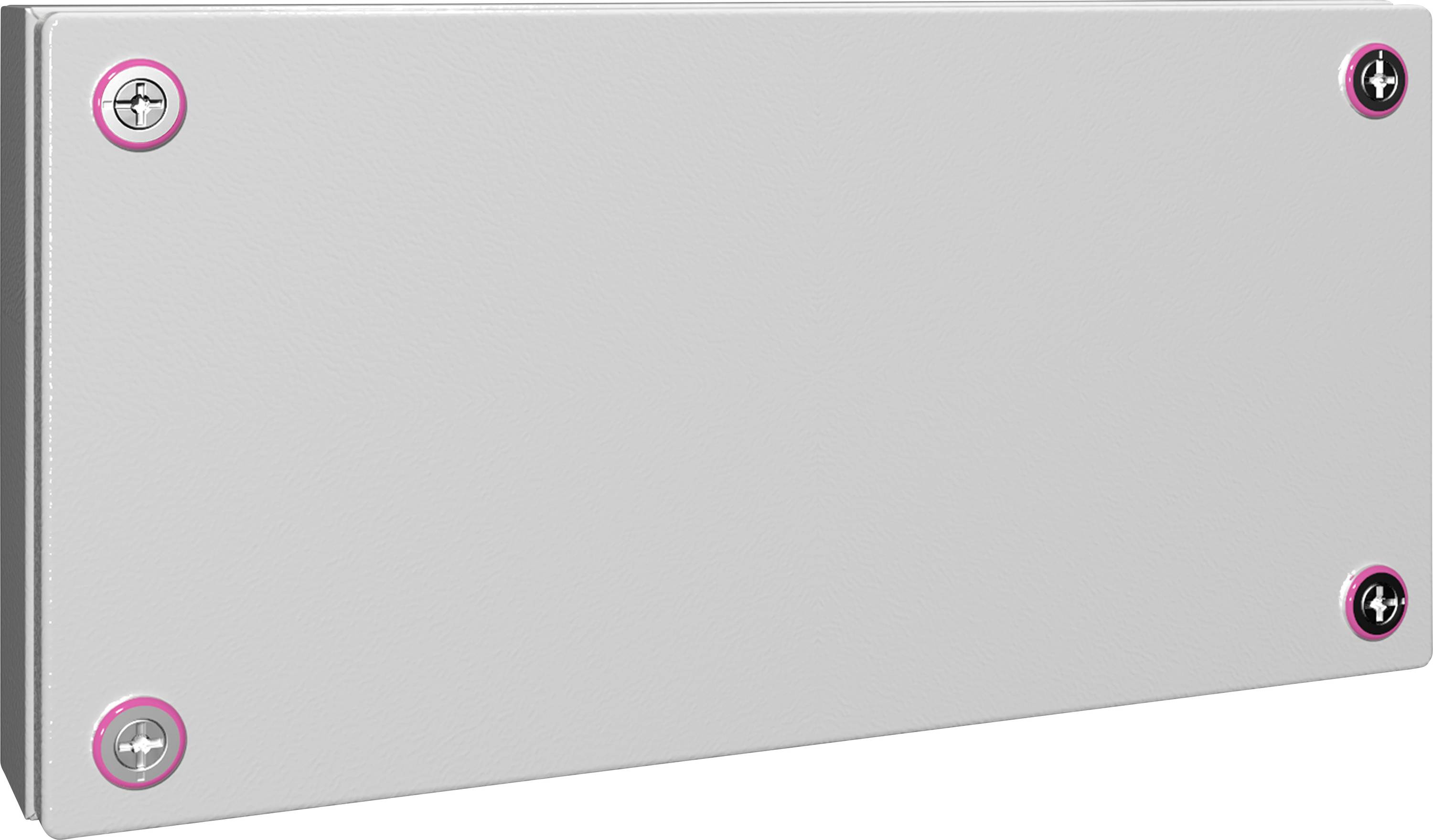 Boîtier rectangulaire gris avec quatre vis aux coins, deux en haut et deux en bas.