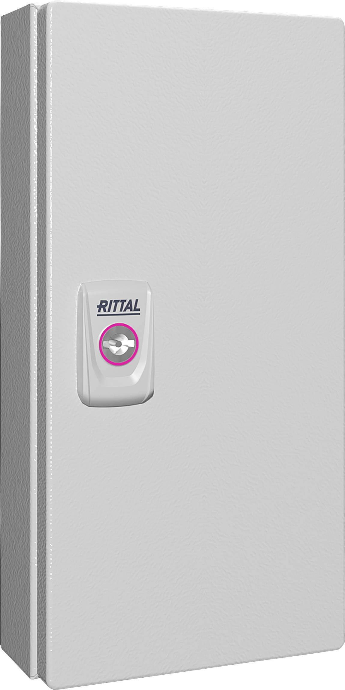 Armoire électrique grise avec un logo Rittal sur la poignée. L'armoire est fermée et se tient verticalement.
