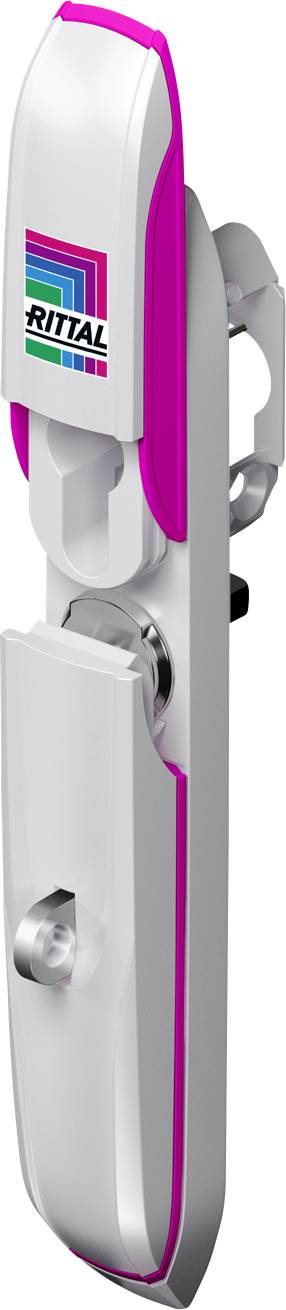 Une poignée blanche avec des touches roses et un autocollant portant le logo de 'Rittal'. La poignée dispose d'une serrure et d'une forme profilée.