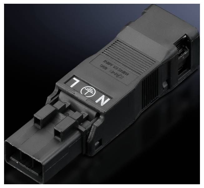 Connecteur électrique noir avec les symboles 'N' et 'L', sur fond noir.