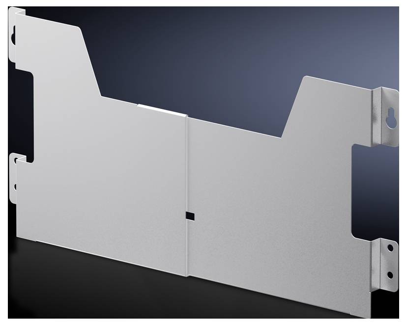 Couverture métallique avec bord incurvé et pattes de fixation sur les côtés. Elle est rectangulaire et sert à protéger des composants.