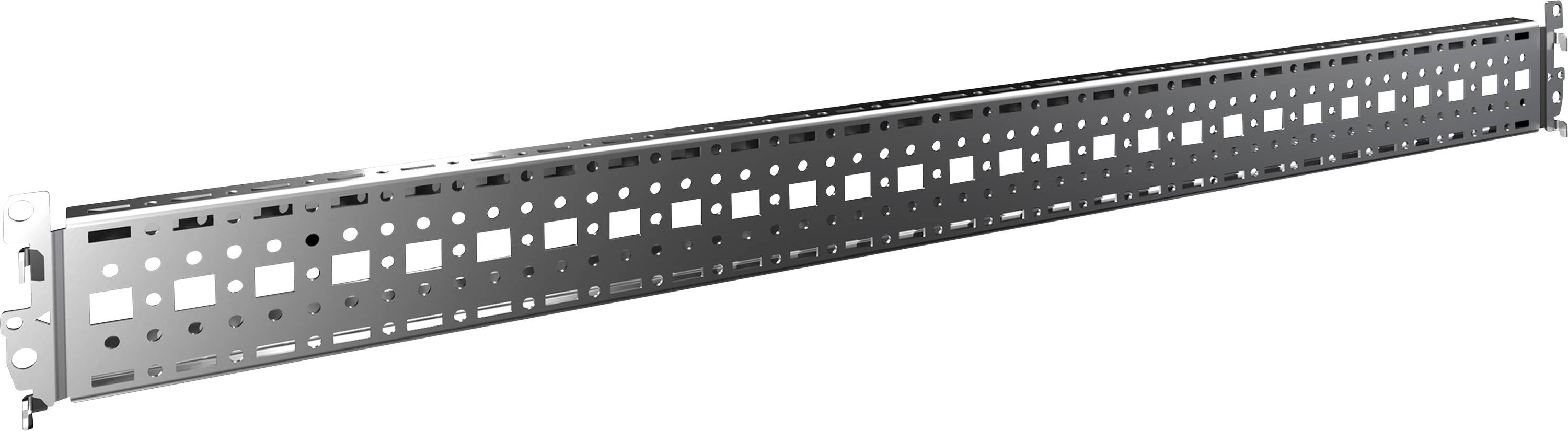 Rail métallique perforée de découpes rectangulaires uniformes sur toute sa longueur, utilisée pour la fixation de composants électriques ou mécaniques.