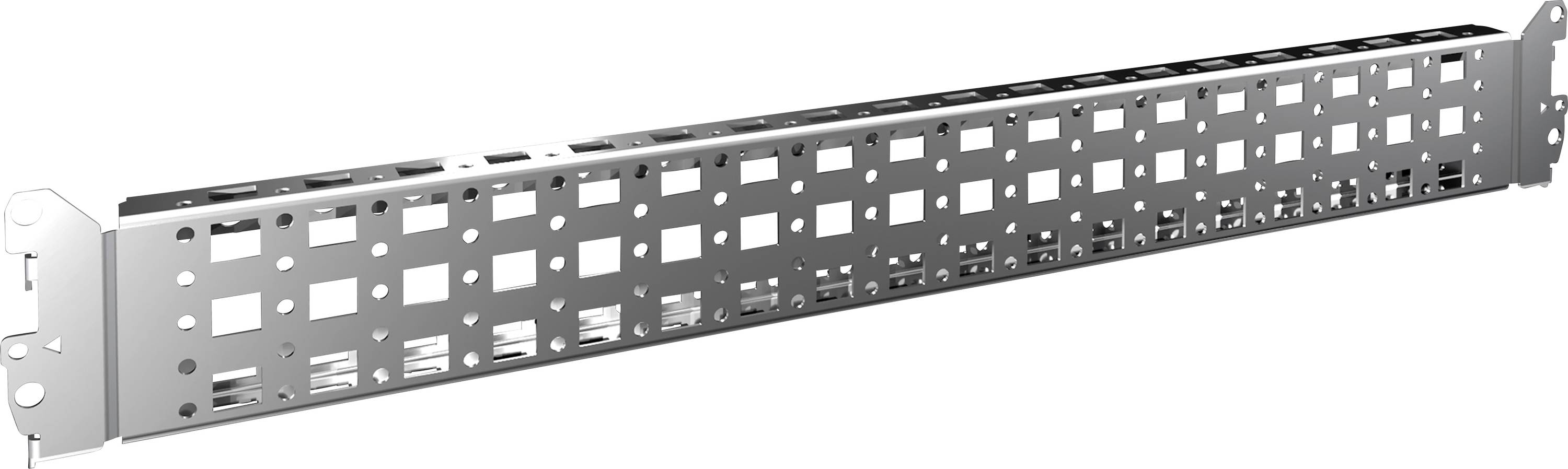 Rail métallique avec de nombreuses découpes carrées et rectangulaires, adapté au montage dans une baie 19 pouces.