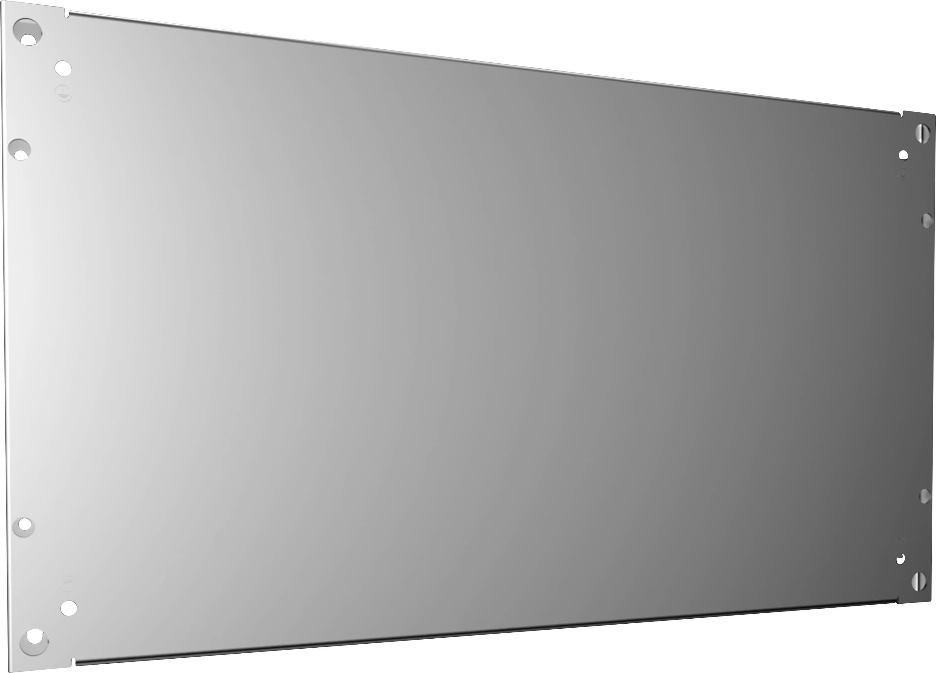 Plaque métallique percée de trous aux angles, probablement utilisée comme couvercle ou support.