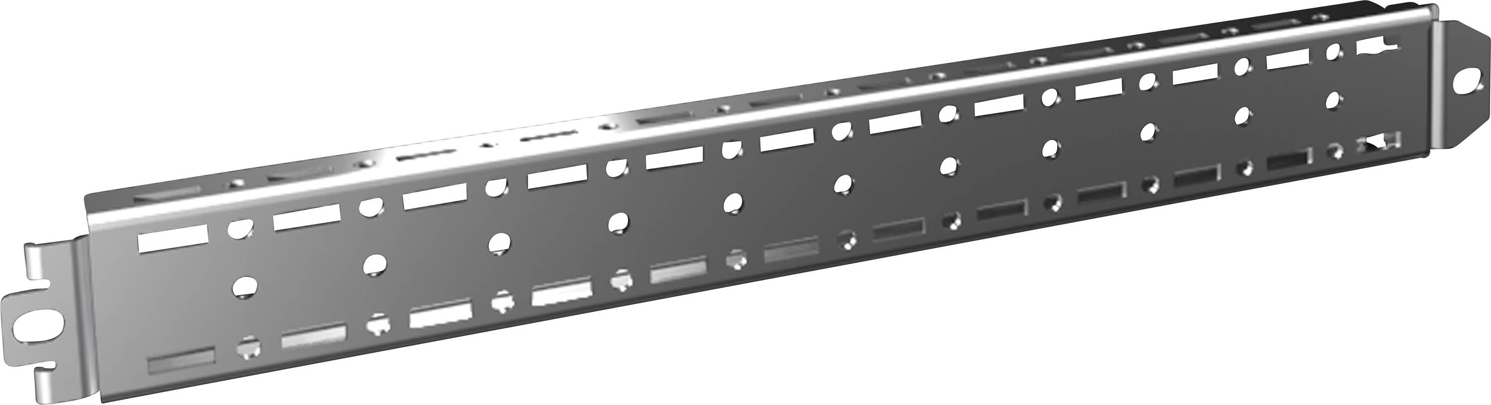 Rail métallique perforé avec des trous et des fentes, utilisé pour la fixation ou le montage dans des applications industrielles.