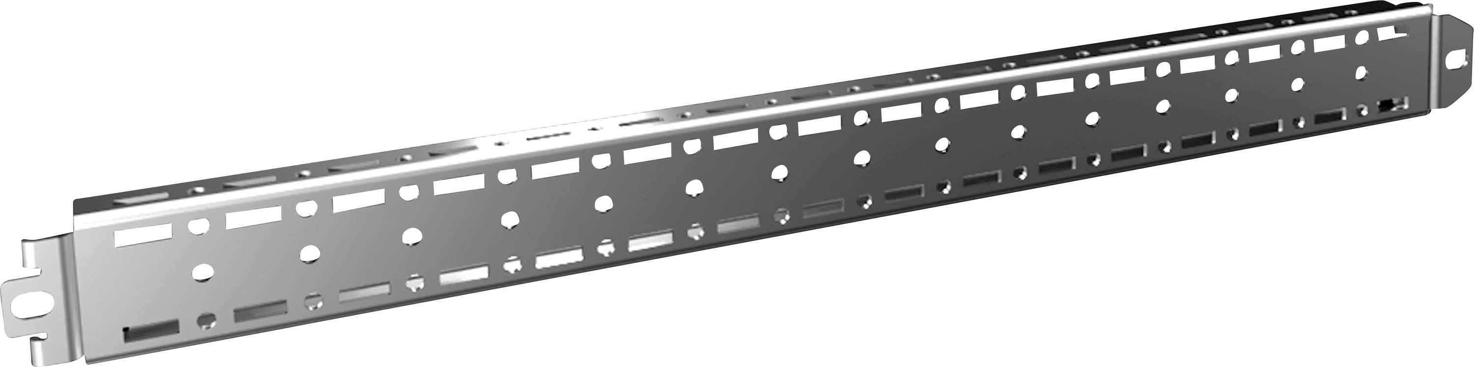 Rail métallique perforé avec des trous et des découpes pour la gestion des câbles ou des applications de montage dans des environnements techniques ou industriels.