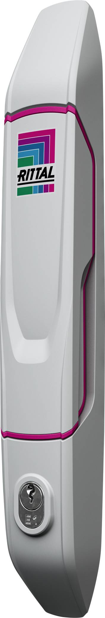 Une poignée de porte gris argent avec le logo coloré de Rittal dans la moitié supérieure. Un serrure à clé est intégrée dans la partie inférieure.