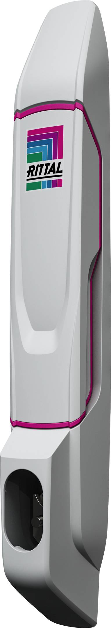 Une poignée argentée portant l'inscription 'Rittal', accentuée par des touches de bleu, rose et vert, probablement destinée à un coffret électrique.