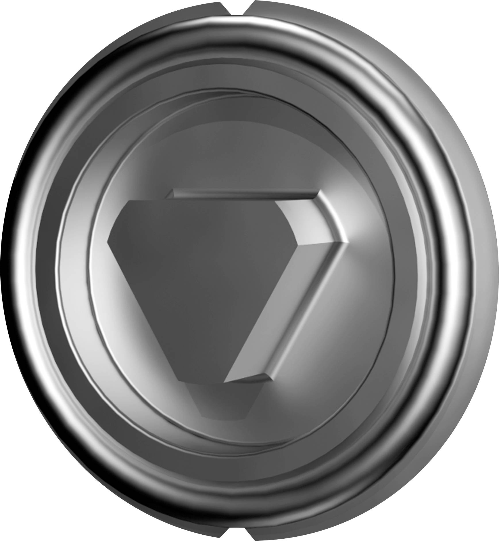 Pièce ronde en argent avec un logo géométrique en émeraude gravé au centre.