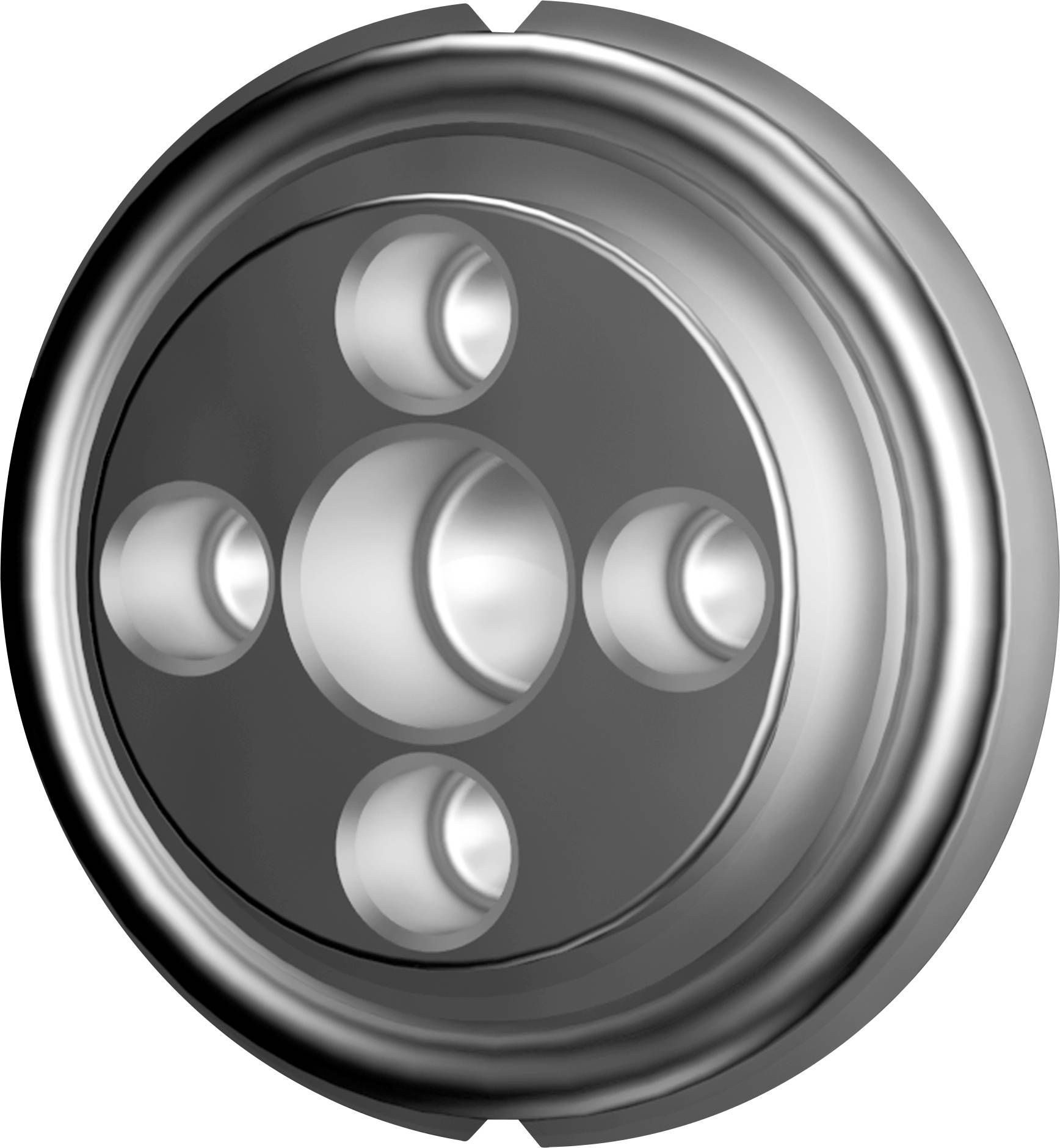 Disque métallique avec cinq formes géométriques gravées, disposées de manière symétrique.