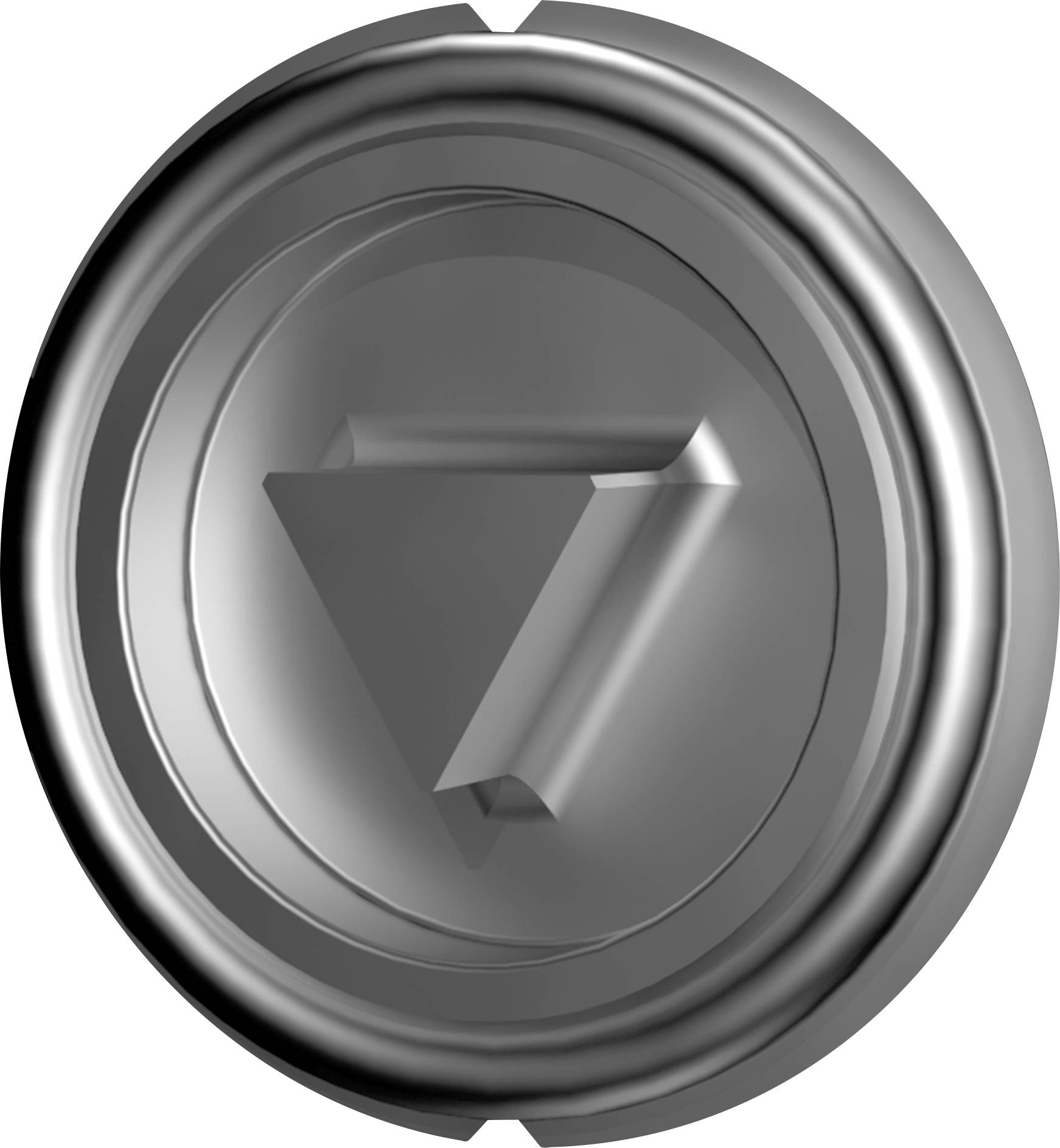 Une pièce noire, ronde et multidimensionnelle avec un triangle gravé pointant vers le bas au centre.