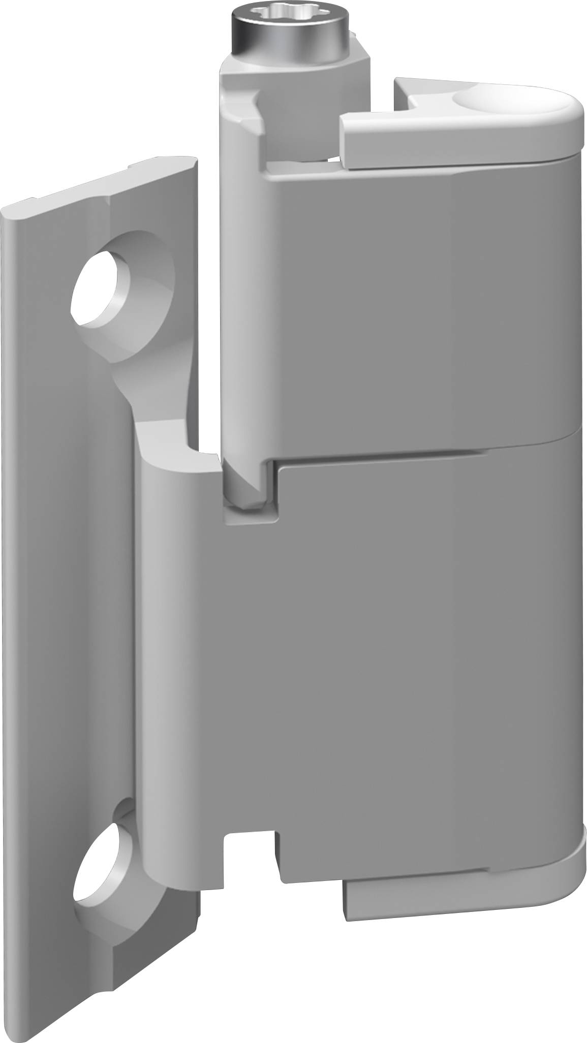 Une charnière grise, prévue pour être fixée sur une surface, avec deux trous pour vis sur le côté gauche.