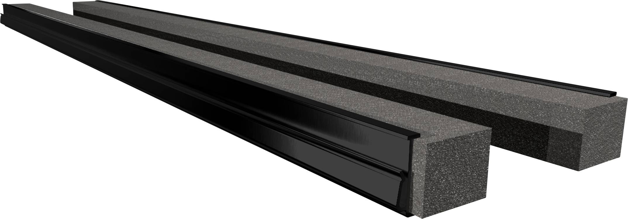 Deux baguettes rectangulaires en plastique noir, placées côte à côte, montrent leur longueur et leur forme étroite.