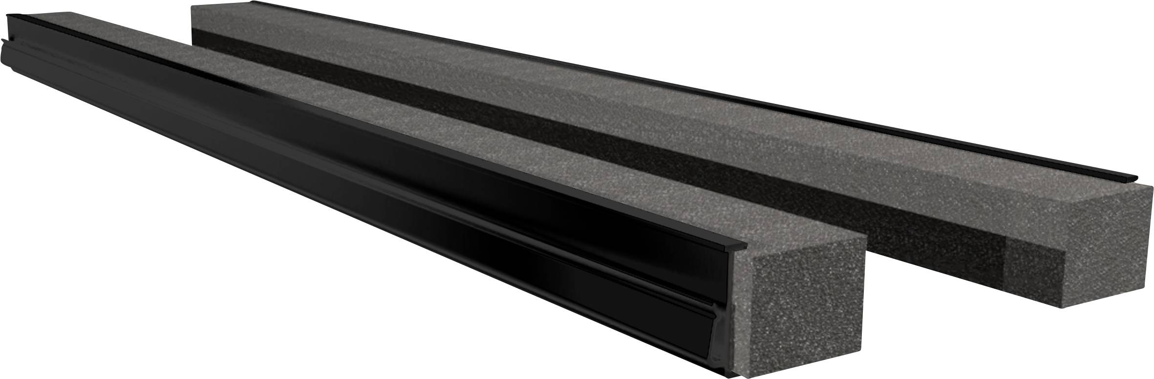 Deux pièces rectangulaires en mousse noire, disposées côte à côte, avec des bords lisses et une surface gris foncé.