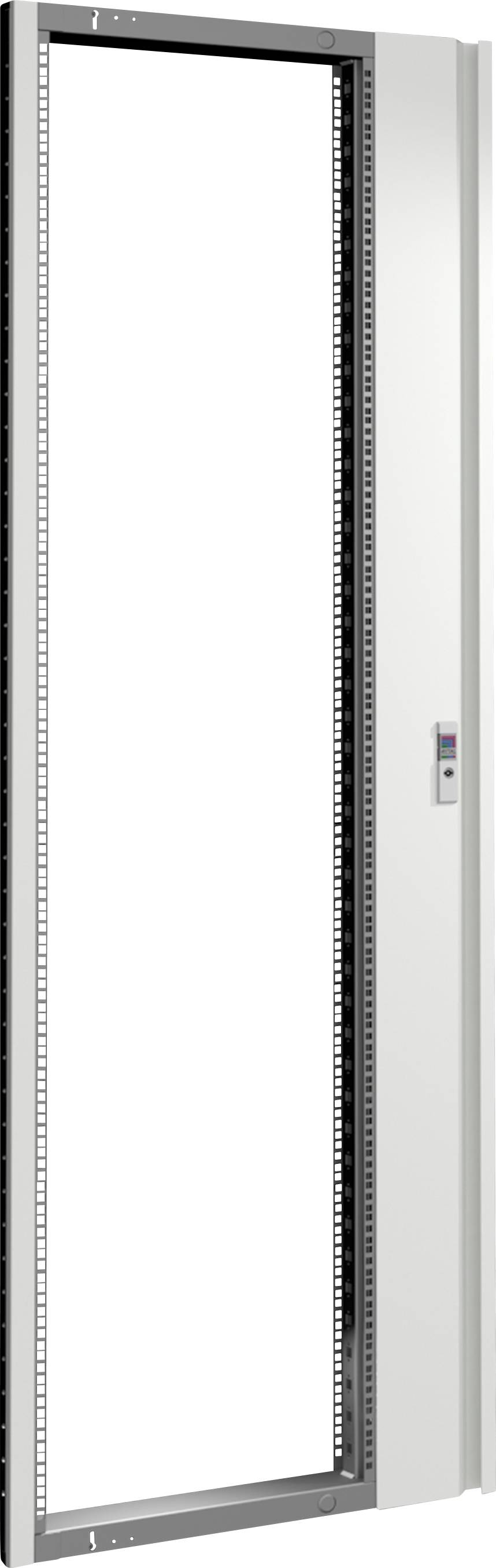 Un long cadre métallique vertical rectangulaire avec un panneau de commande étroit sur le côté droit.