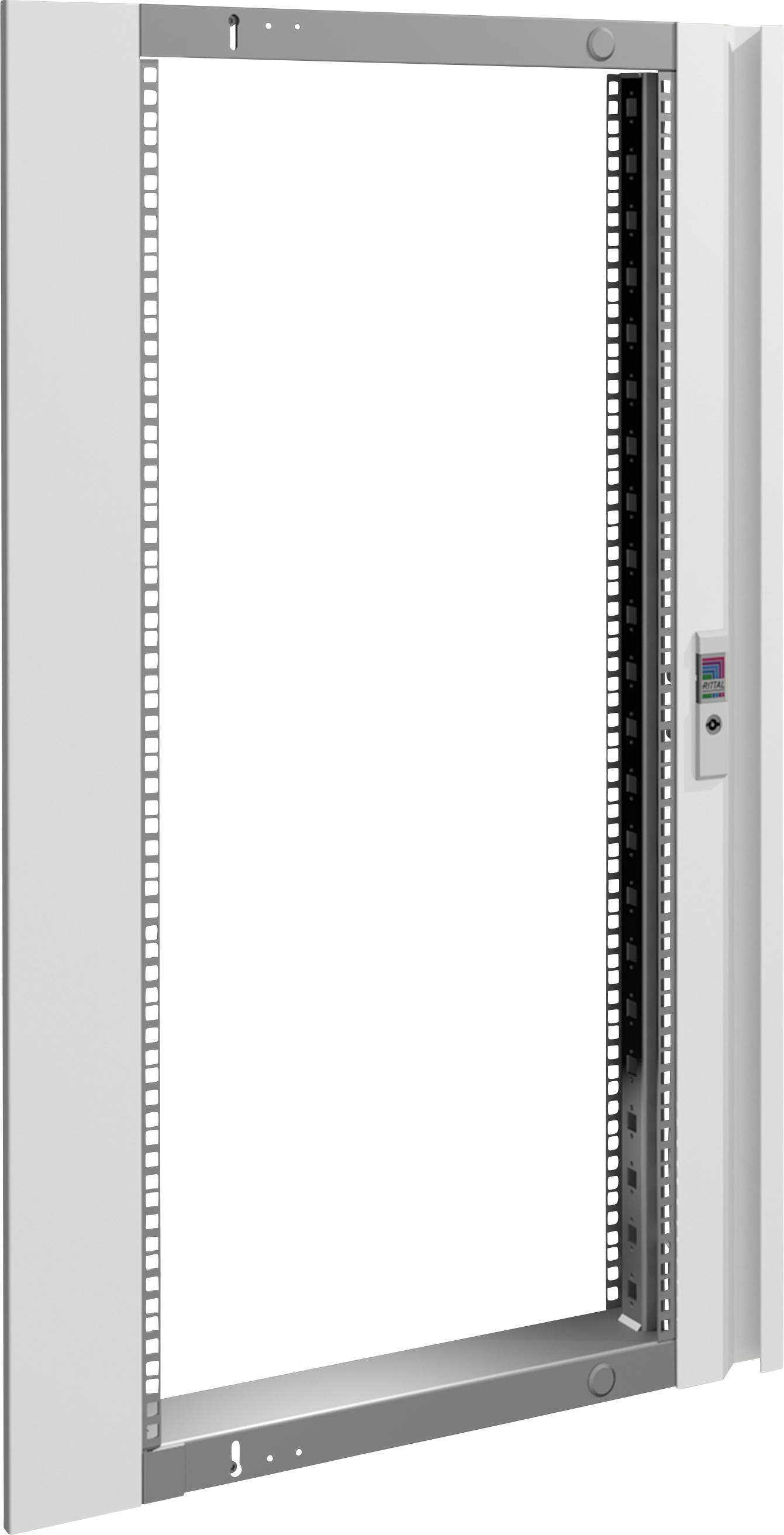 Un cadre d'armoire métallique blanc ouvert avec un compartiment intérieur visible, adapté pour l'installation d'appareils électriques ou d'équipements réseau.