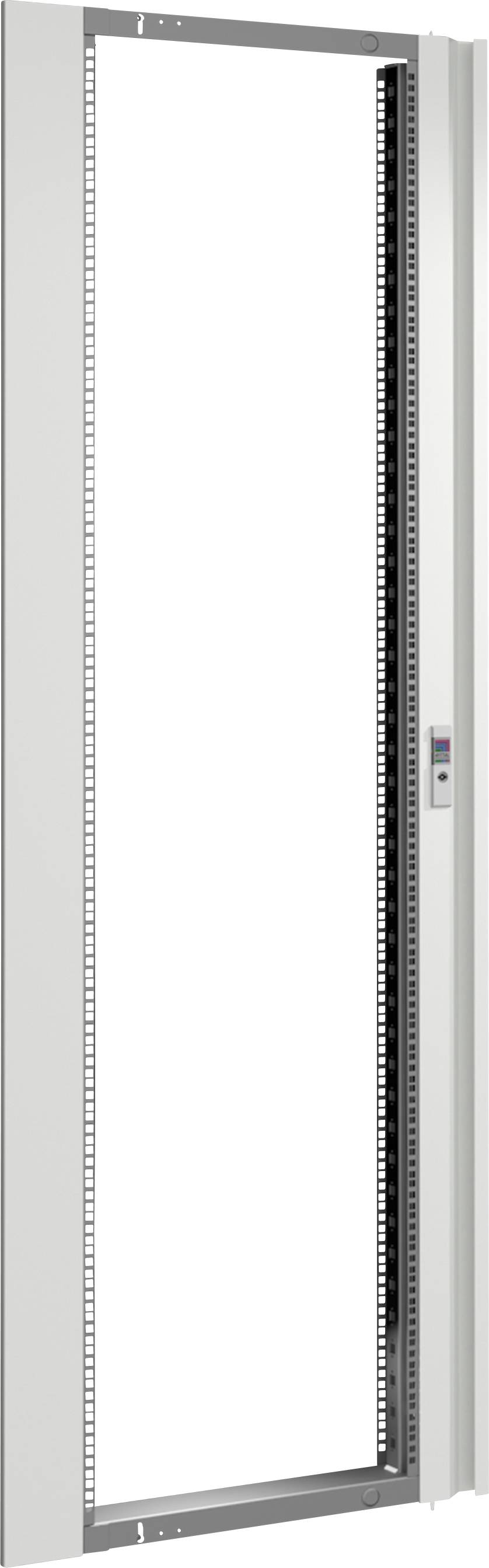 Châssis de coffret métallique avec charnières latérales et espace intérieur ouvert, adapté pour l'installation d'équipements électriques ou de réseau.