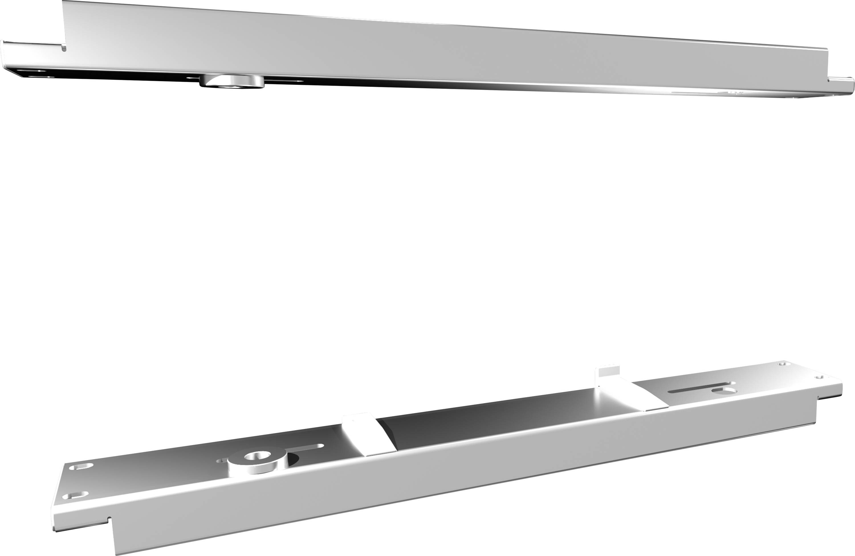 Rails métalliques avec dispositifs de fixation par vis, probablement des composants d'un mécanisme coulissant pour meubles ou portes.