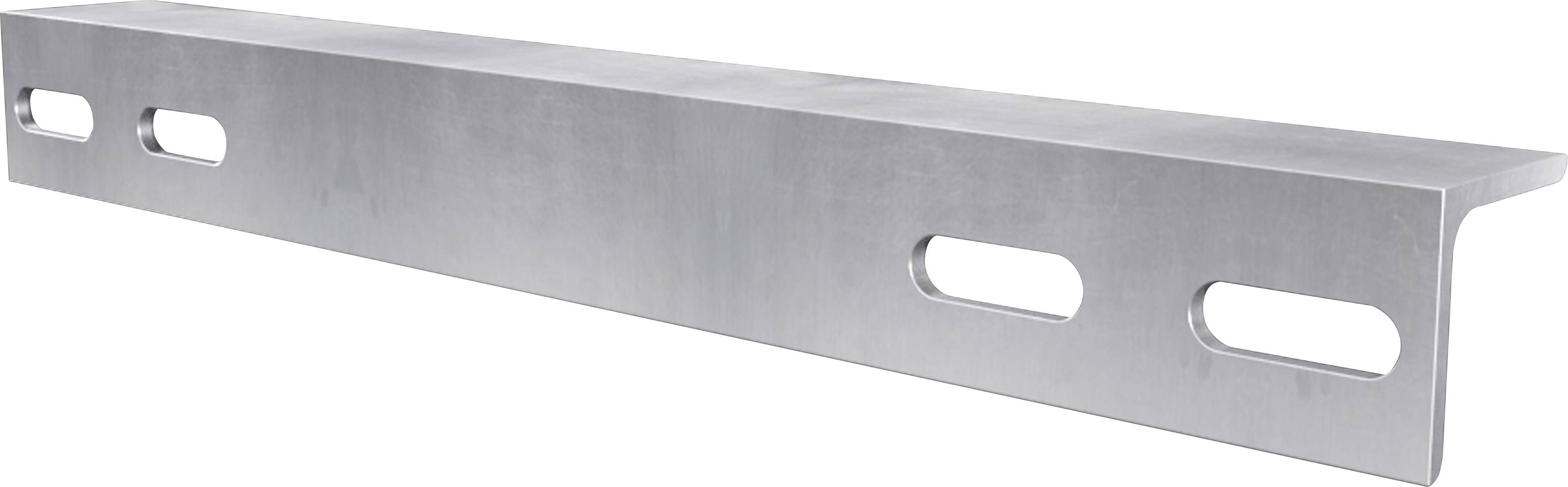 Équerre métallique avec des trous rectangulaires, utilisée pour la fixation murale ou la construction de structures.