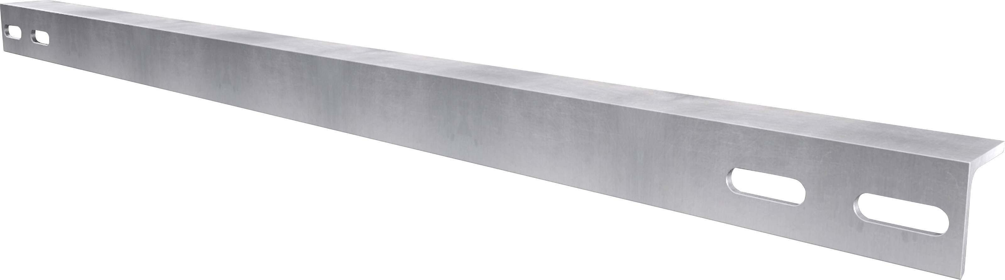 Longue pièce métallique rectangulaire avec deux grandes échancrures à une extrémité.