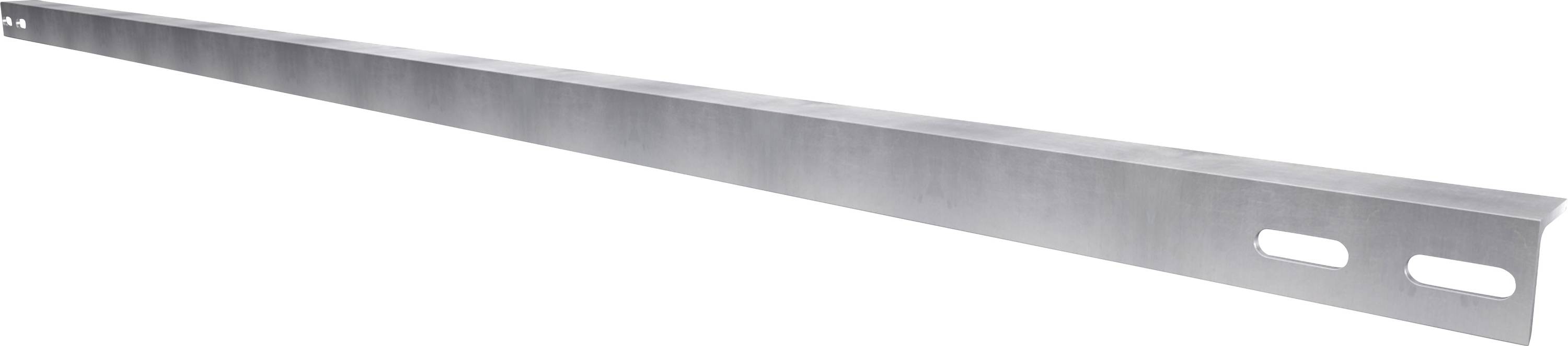 Longue pièce métallique rectangulaire avec deux trous ovales à une extrémité. Utilisée pour la fixation ou la stabilisation dans des constructions.