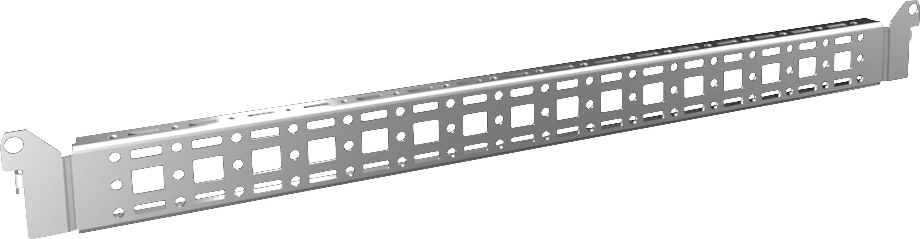 Un adaptateur de montage en rack gris, rectangulaire, avec plusieurs découpes carrées et des trous de fixation aux deux extrémités.