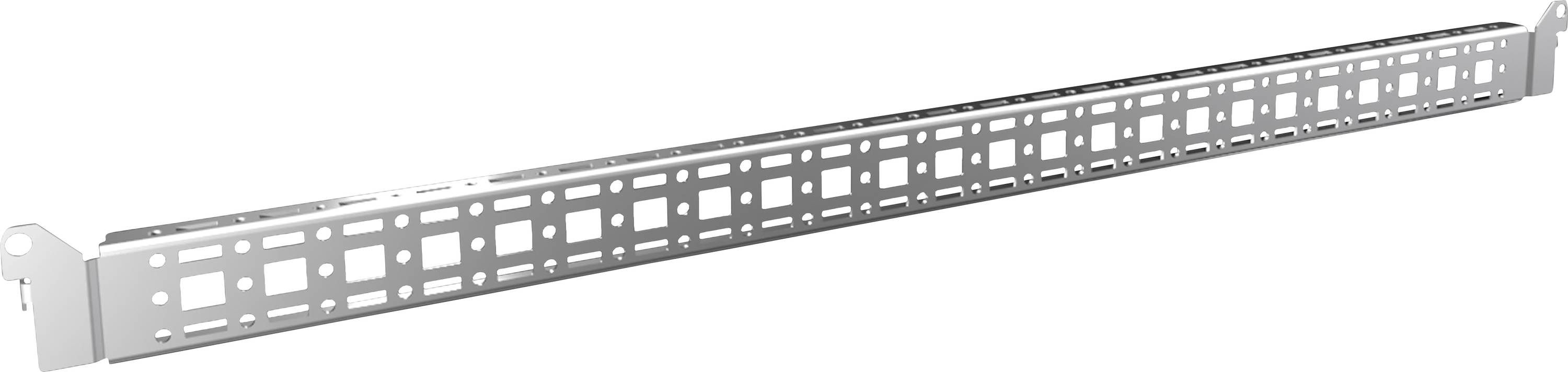 Rail métallique avec des découpes rectangulaires, adapté à la fixation dans un système de commutation.