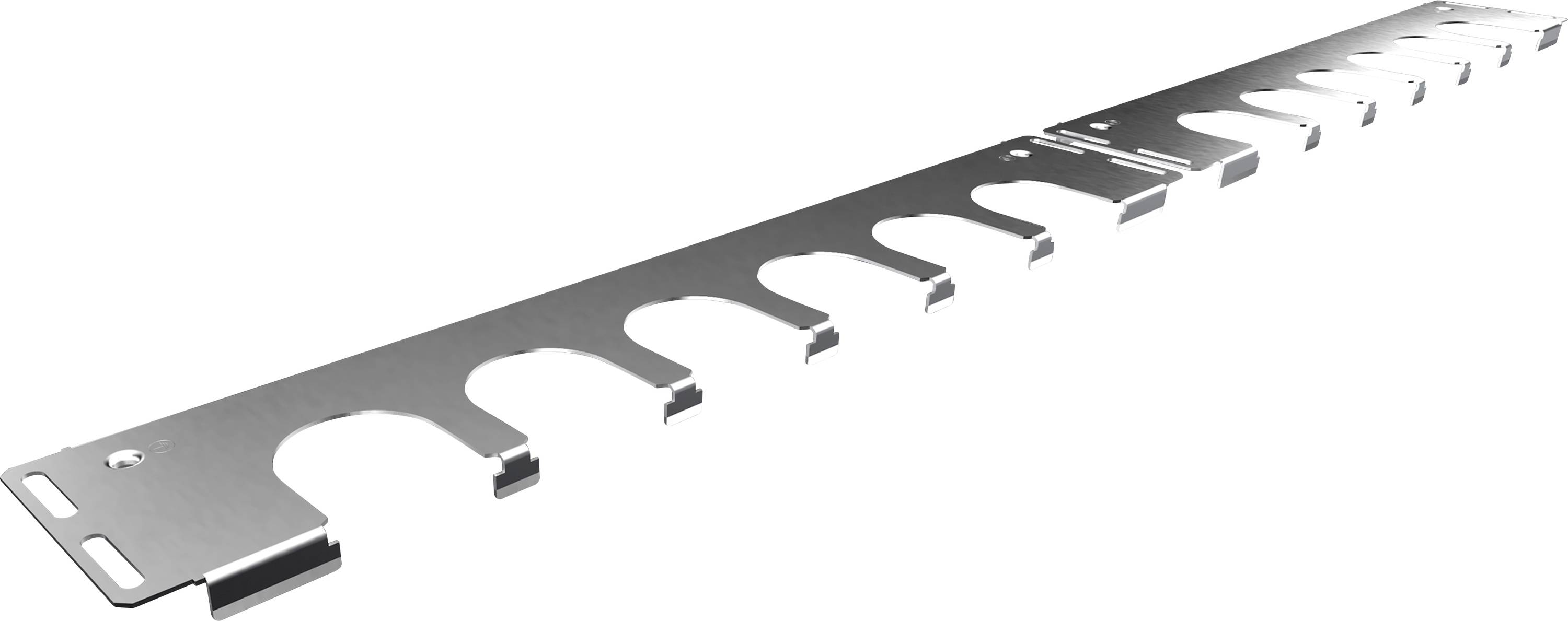 Rail métallique à plusieurs découpes arrondies, probablement destiné à la fixation ou à l'organisation de câbles ou de tubes.