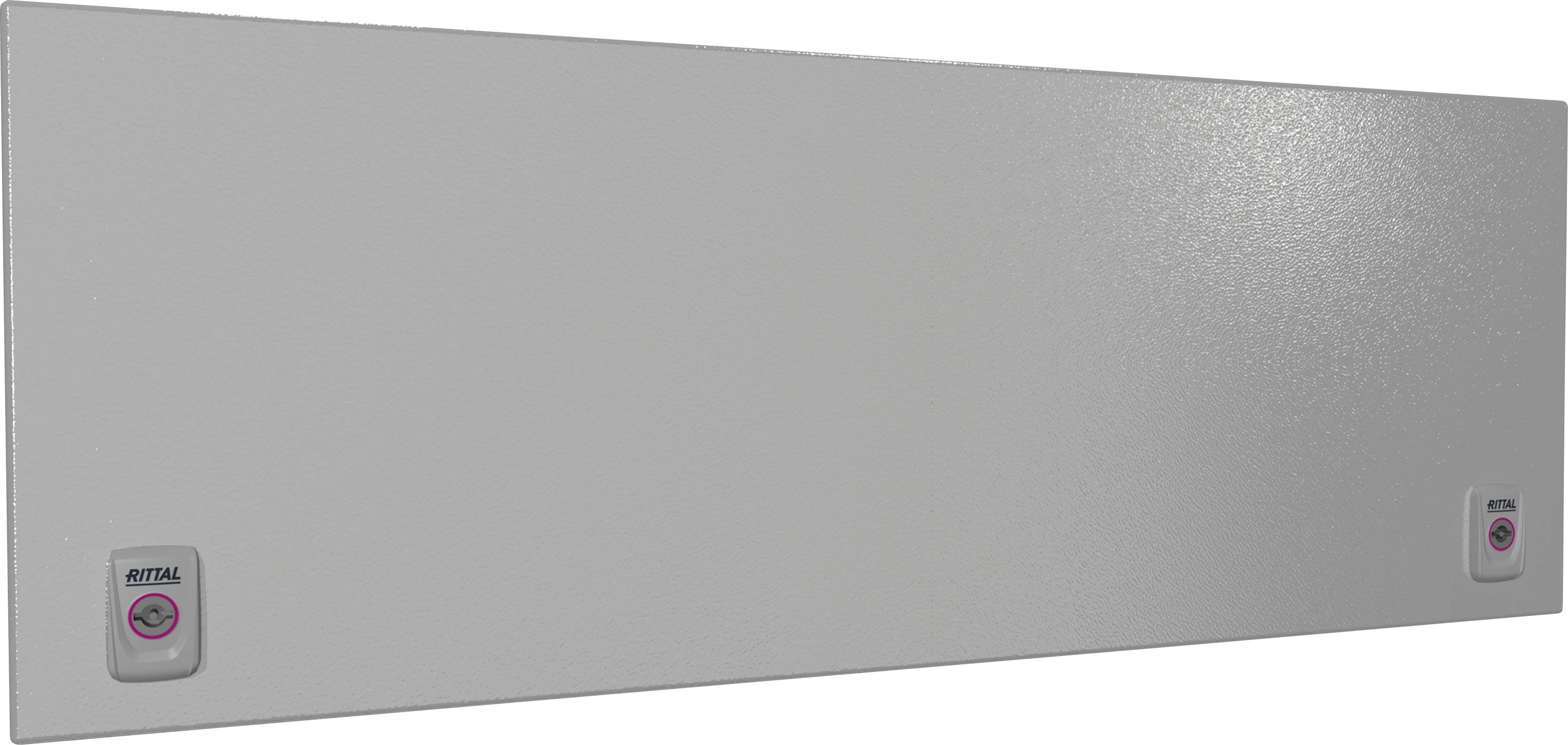 Plaque métallique à surface lisse, dotée de petites touches carrées avec le logo 'RITTAL' à chacune de ses extrémités.
