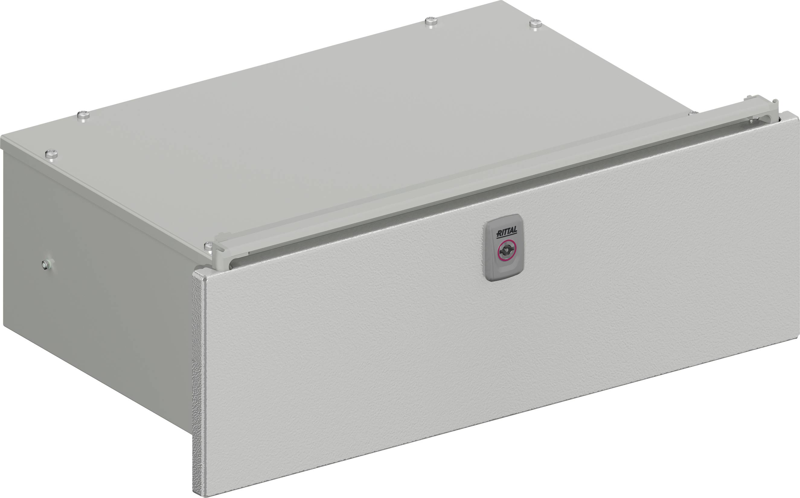 Un tiroir métallique gris avec un mécanisme de verrouillage central. Adapté au rangement sécurisé dans un environnement technique.