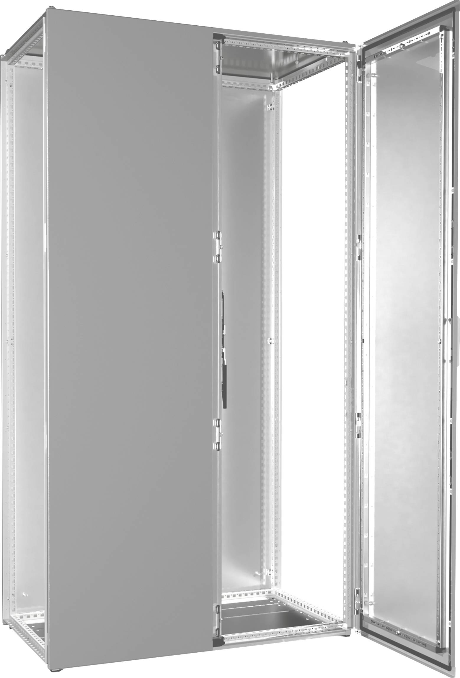 Une armoire électrique métallique ouverte, conçue pour abriter des composants électriques. Portes et intérieur visibles.