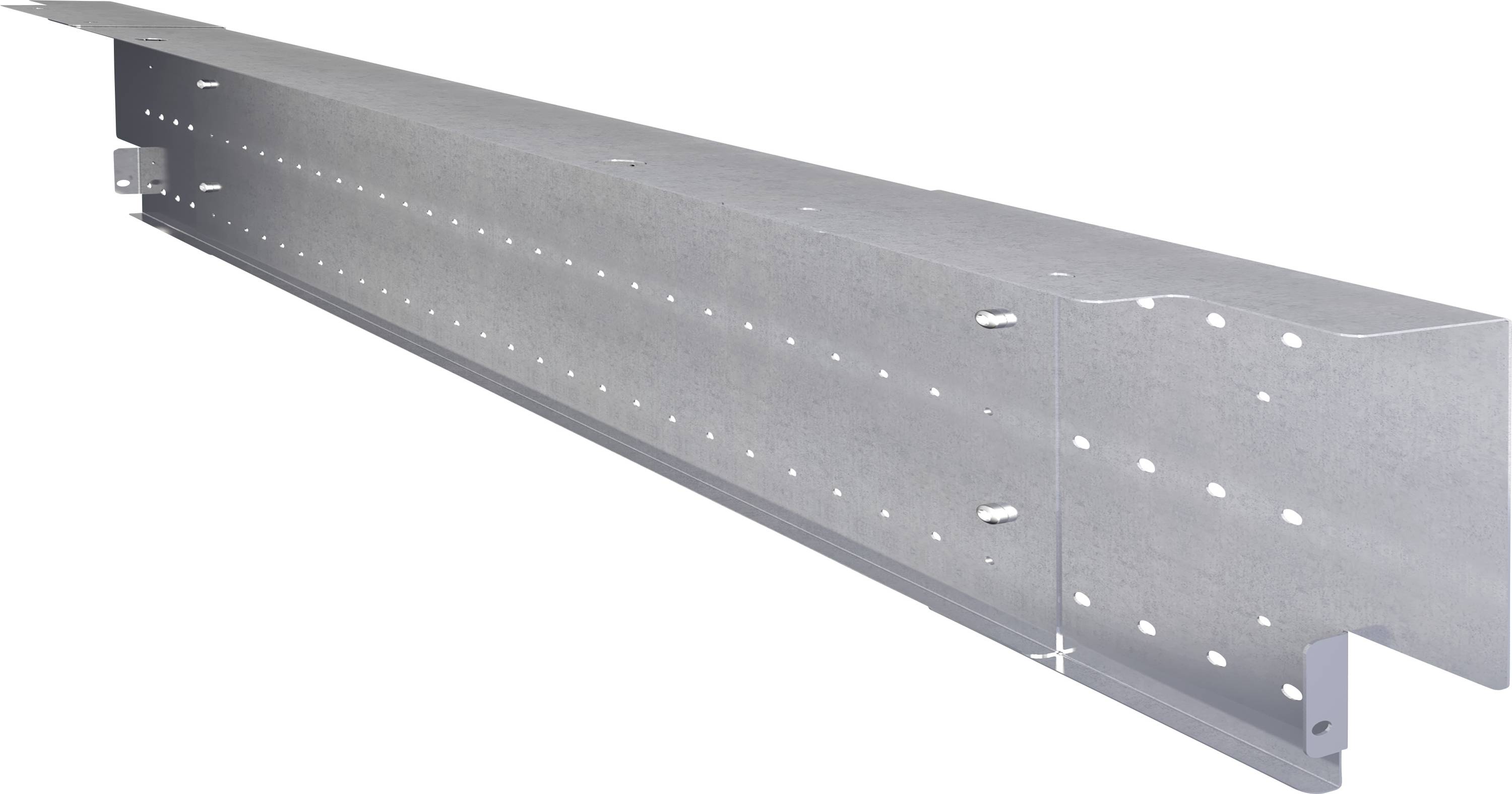 Une longue poutre en acier grise avec de nombreux trous régulièrement répartis le long de sa surface, adaptée aux constructions bâtiment.