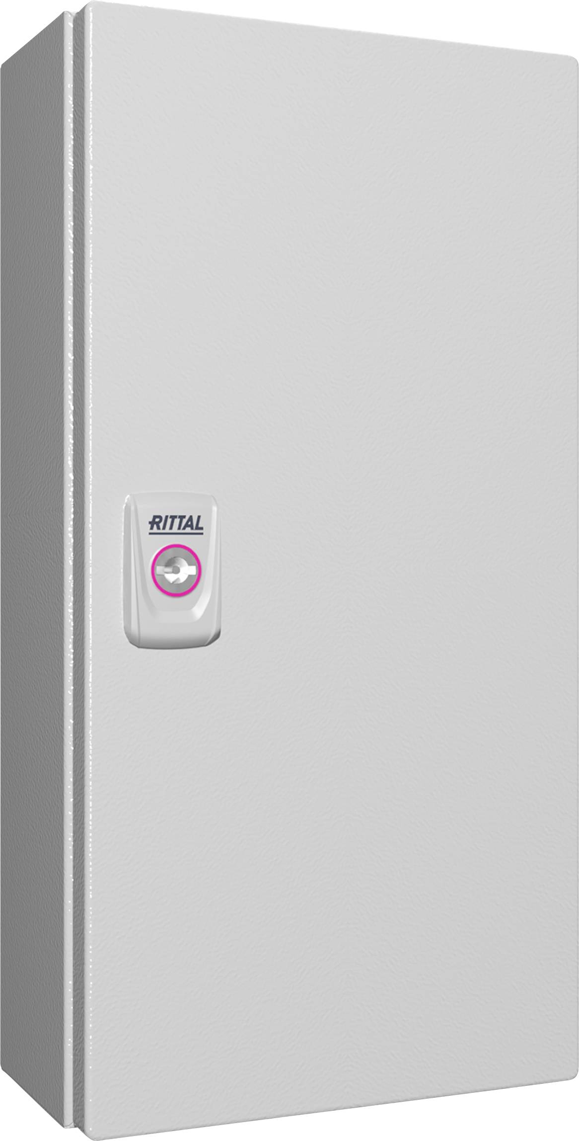 Armoire métallique grise de grande taille avec une poignée à verrou et le logo 'Rittal' au centre, adaptée aux applications industrielles.
