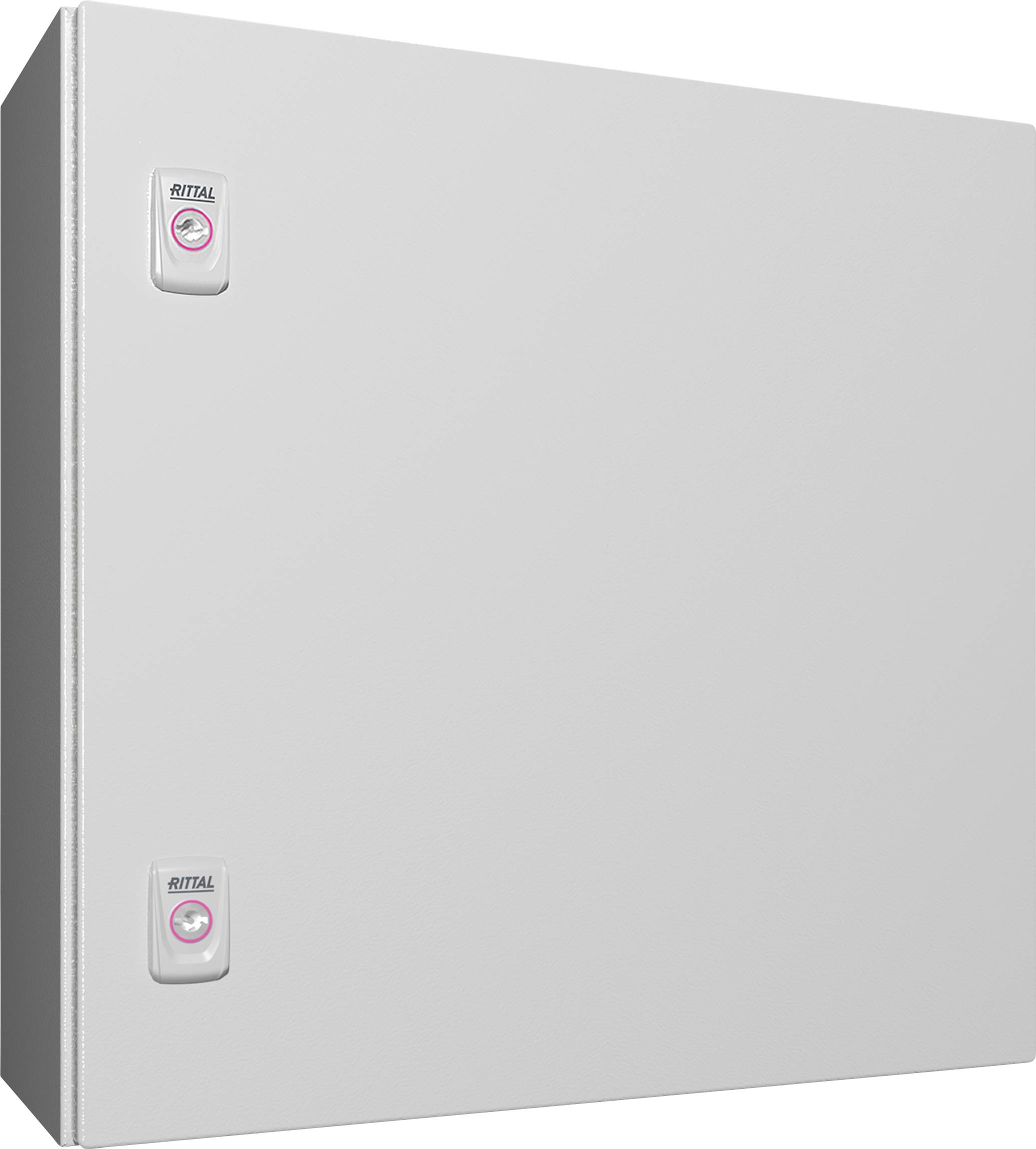 Une armoire électrique grise avec deux serrures sur la façade.
