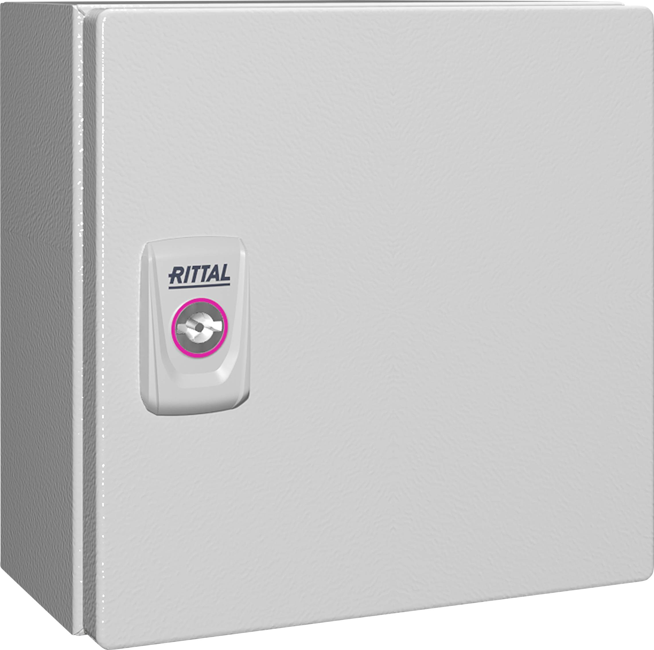 Une armoire électrique grise avec un logo Rittal sur le verrou présente une porte verrouillable pour protéger les composants électriques.