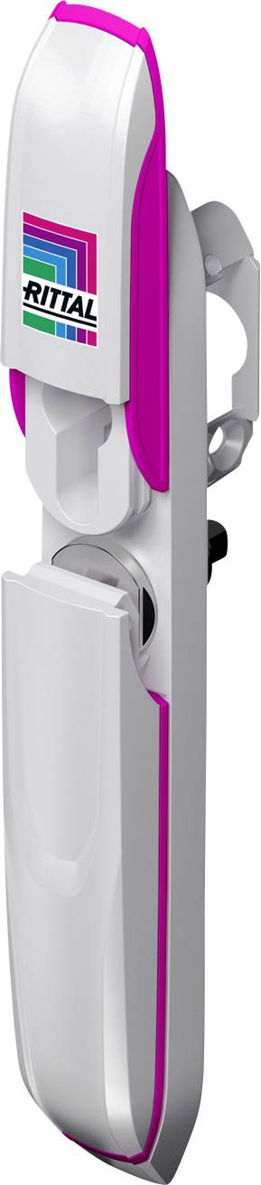 Une poignée de porte en blanc et rose avec le logo Rittal.